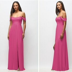 NWT After Six Dessy Off-The-Shoulder Basque Neck Chiffon Maxi Dress Size 6 1560